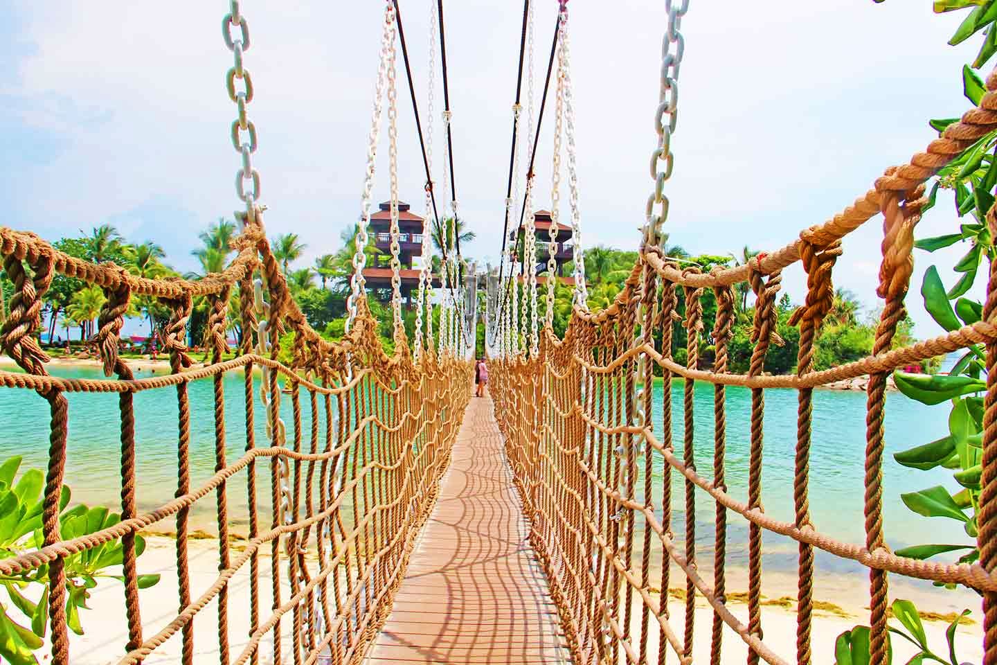 Rope suspension bridge over turquoise water with tropical beach and palm trees at adventure theme park
